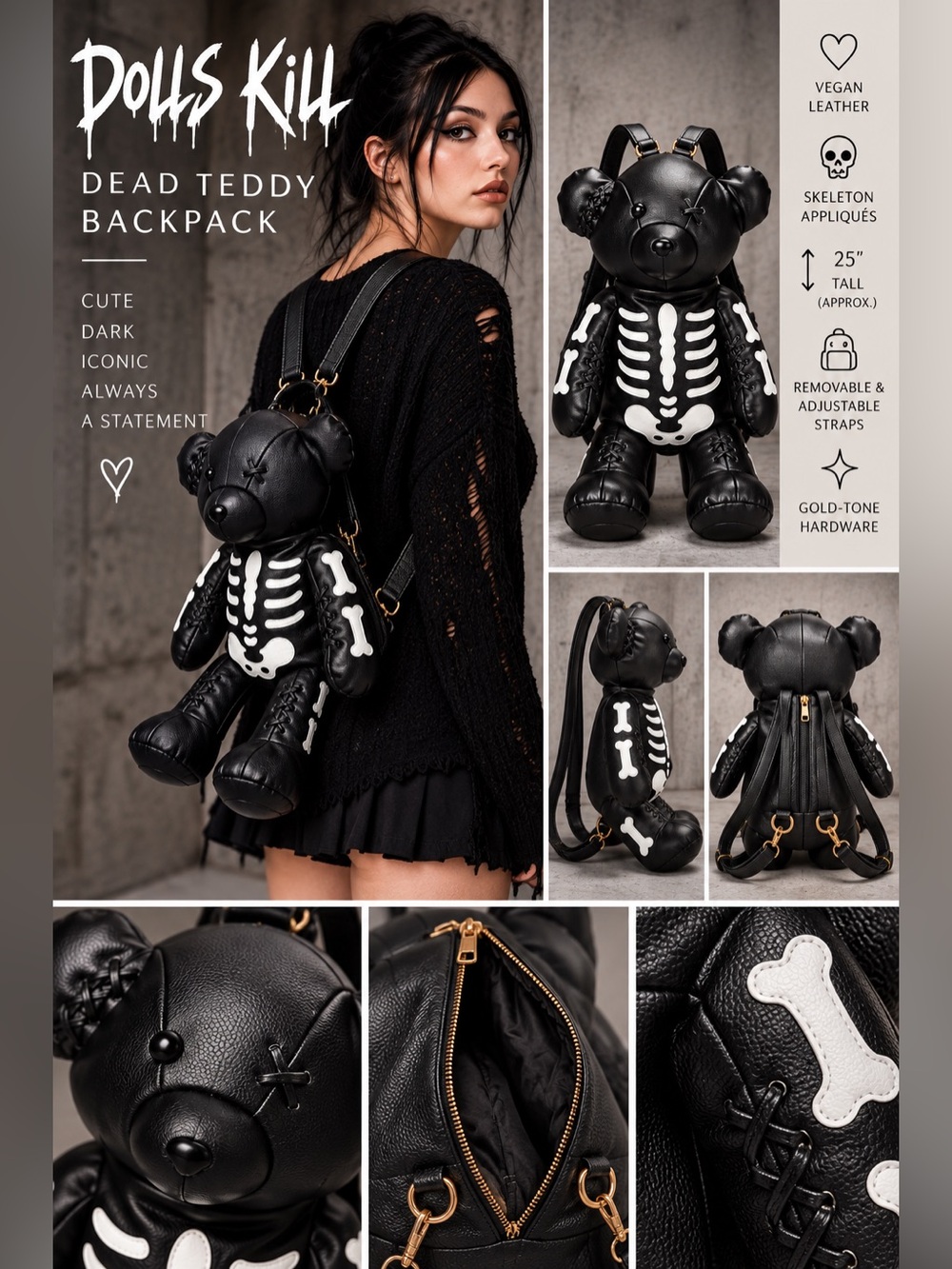 Dolls Kill Dead Teddy Skeleton Bear Backpack Black Vegan Leather 25” Gothic